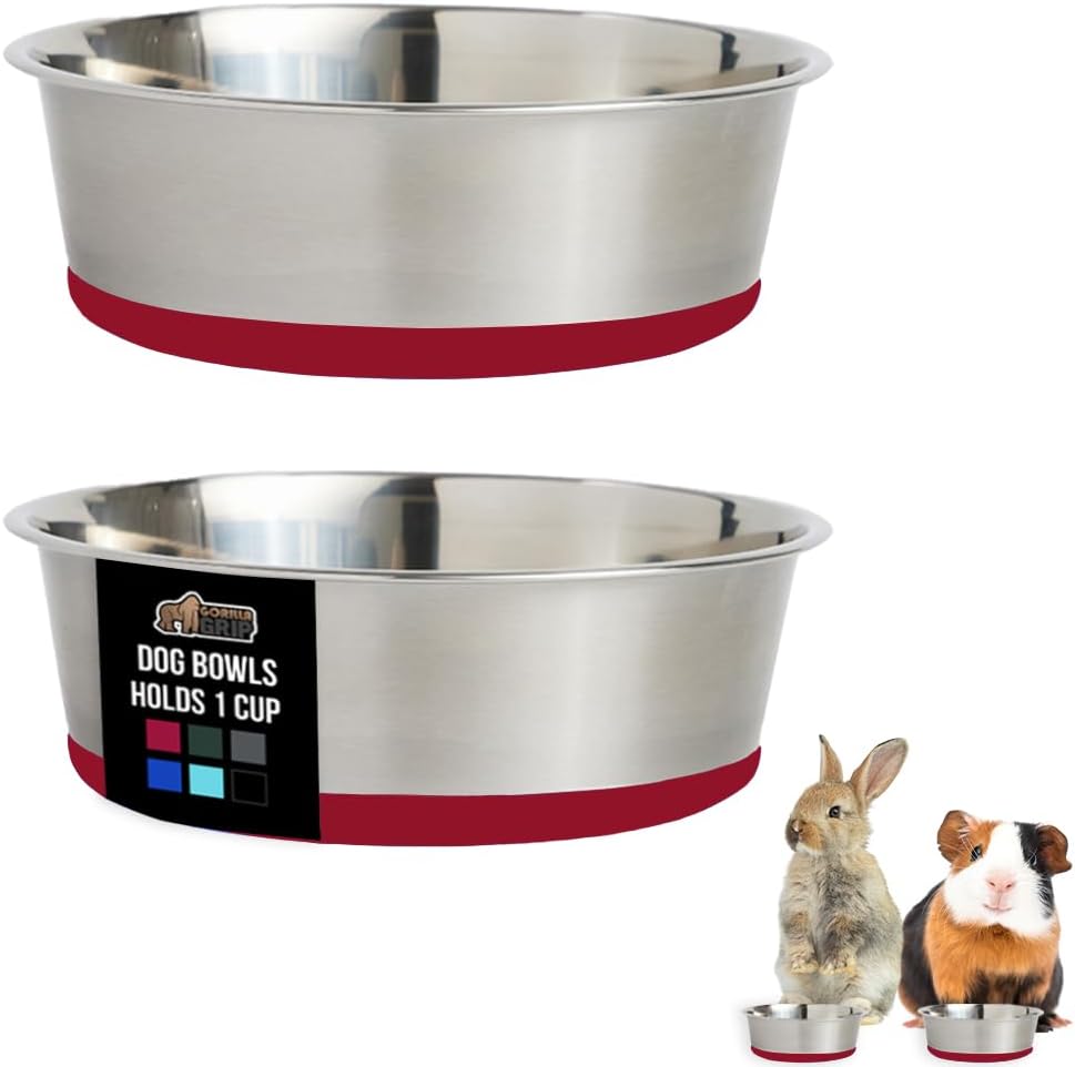 GORILLA GRIP Set of 2 Dog Bowls, Heavy Duty Metal Food and Water Bowl for Feeding Dogs and Cats, Dishwasher Safe, Rust Resistant Stainless Steel, BPA Free Rubber Base, Holds 1 Cup (8 fl oz), Red