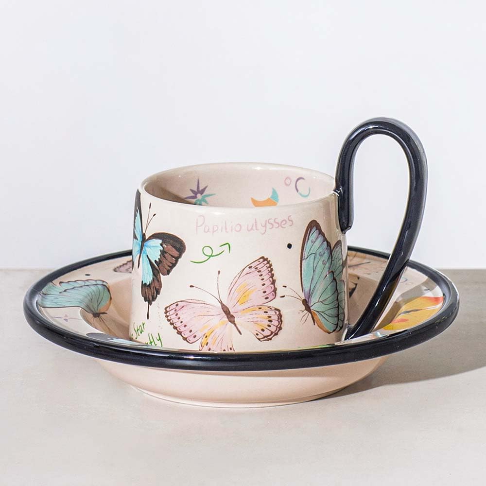 JIDOC Ceramics Dream Shadow Butterfly 210ml/7.1oz Cappuccino Mug Set,Coffee Mug Set,Dishwasher and Microwave Safe Ceramic,Ideal for Cappuccino, Espresso, Latte, Tea
