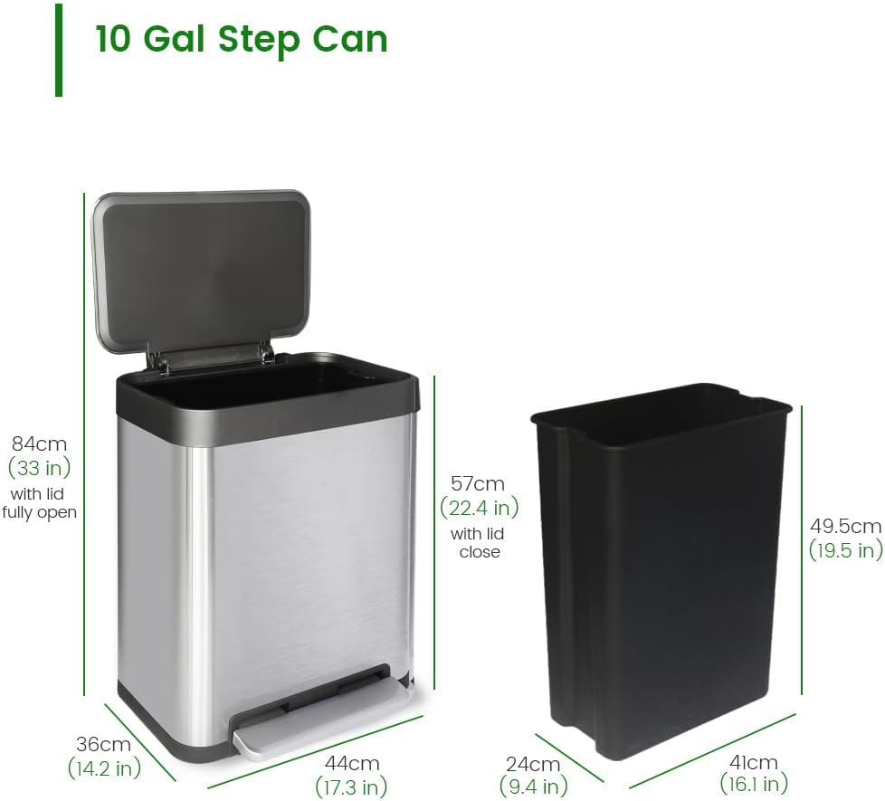 10 Gallon Stainless Steel Trash Can with Removable Inner Bucket, Soft Close & Stay Open Lid, Step-on Pedal – Modern Kitchen Waste Bin