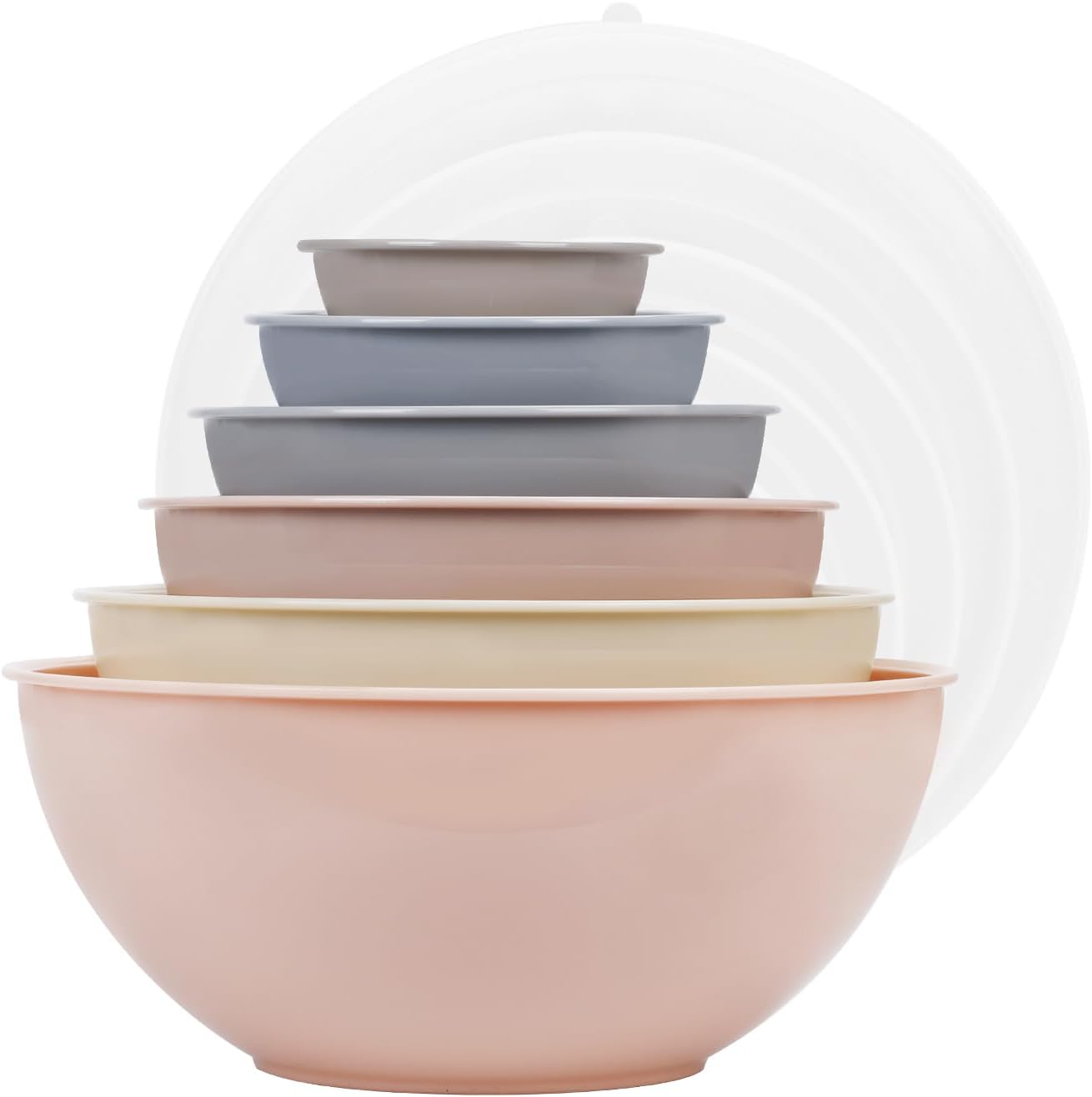 BoxedHome BPA Free Plastic Round Mixing Bowl with Lids, 12 Pack Nesting Bowls with Lids Set, Microwave and Dishwasher Safe Prep & Serving Bowls Great for Mixing, Baking, Serving (Khaki Pink, 12pcs)