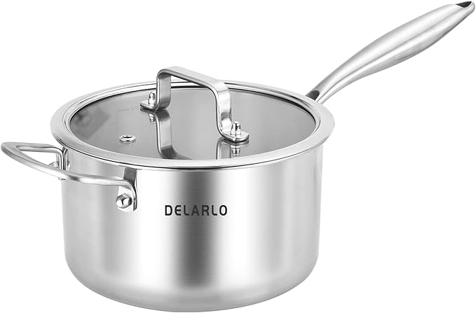 DELARLO Tri-Ply Stainless Steel Saucepan, 3.5 QT Saucepan with Lid, All Stove Compatible 600℉, Induction Sauce Pot, Heavy Duty Saucier, Dishwasher Safe Saucepan, Induction Pot 3.5 Quart, Even Heat