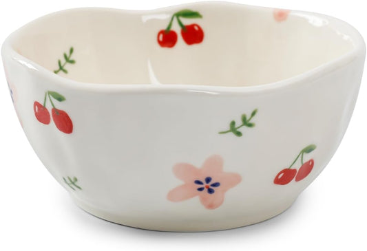 Koythin Ceramic Cereal Bowl, Cute Flowers Pattern Kitchen Bowls for Cereal, Salad, Pasta, Soup, Dessert, Serving, Home Decor, Microwave and Dishwasher Safe (Pink Flowers and Cherry)