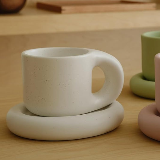 WENSHUO Chubby Funny Coffee Mug, Novelty Cute Cup and Saucer, Matte Crème, 9 oz (Nacre White)