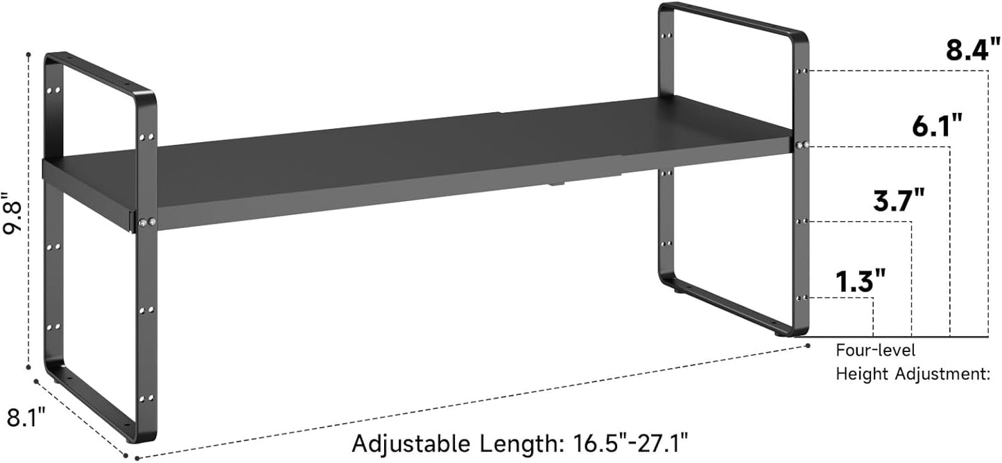 16.5~27.1" Expandable Shelf Organizer, 2Pack 8.1" Wide Stackable Cabinet Shelf Organizers, Black Metal Sturdy Kitchen Counter Storage for Countertop, Adjustable Height Spice Rack