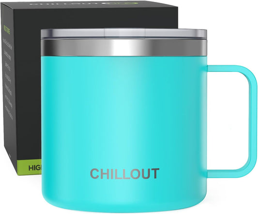 CHILLOUT LIFE Stainless Steel 16 oz Vacuum Insulated Coffee Mug with Handle and Lid, Large Thermal Camping Coffee Mug Cup with Durable Sliding Lid for Men & Women, Keeps your Beverages Hot/Cold