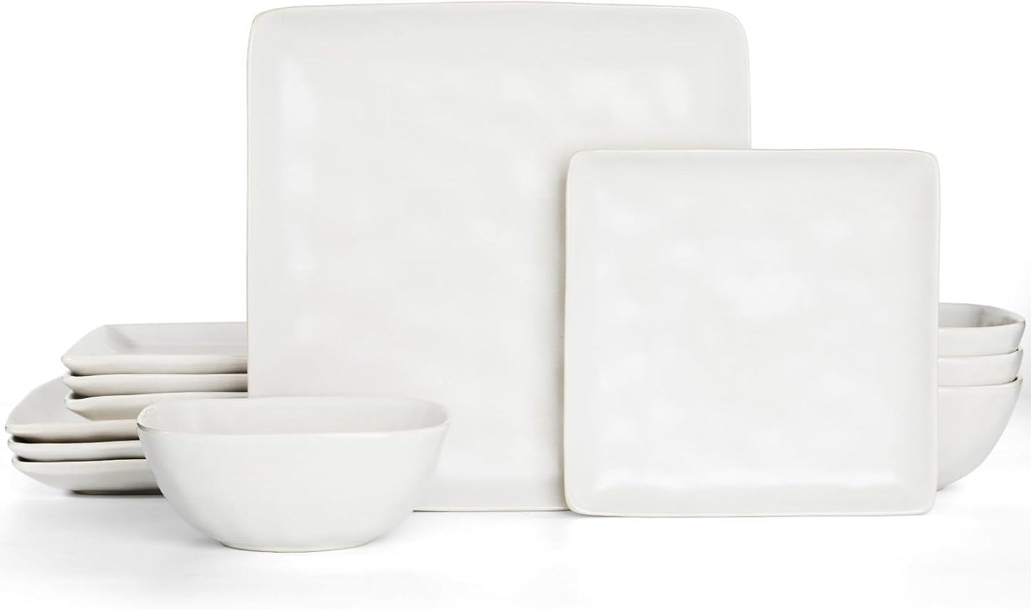 Famiware Dinnerware Sets for 4, Ocean Square 12-Piece Kitchen Plates and Bowls Sets, Microwave and Dishwasher Safe, Scratch Resistant, Matte White