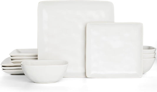 Famiware Dinnerware Sets for 4, Ocean Square 12-Piece Kitchen Plates and Bowls Sets, Microwave and Dishwasher Safe, Scratch Resistant, Matte White