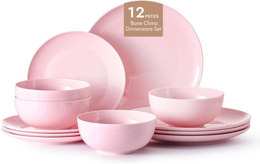 KINGSTONE Bone China Dinnerware Sets, 12-Piece Dinnerware Sets for 4, Lightweight Durable, Dishwasher Safe, Tableware for Daily Use with Elegant Design, Pink