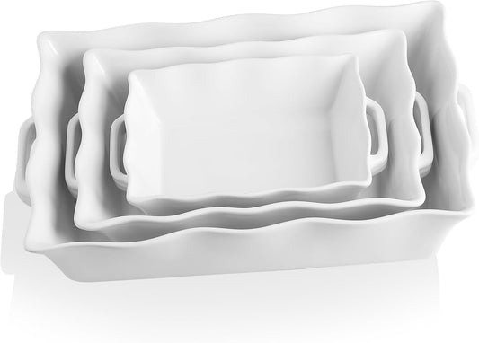 Sweejar Casserole Dishes for Oven, Ceramic Bakeware Set of 3, Rectangular Baking dish with Handles, Wave Edge Lasagna Pan Deep for Cooking, Cake, Dinner, Banquet and Daily Use (White)