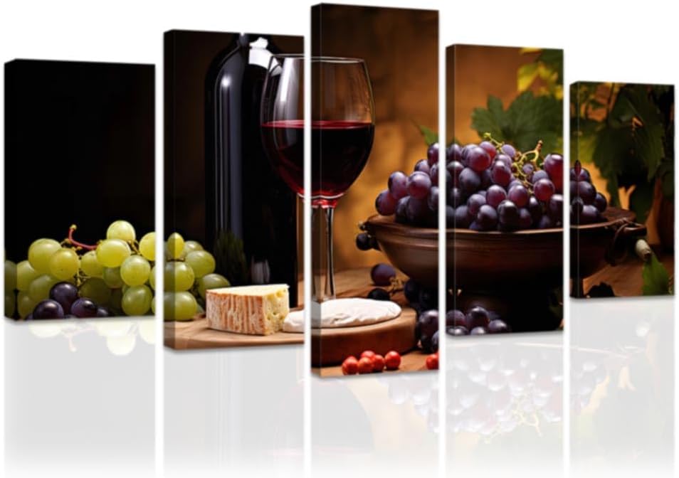 DOARTDO 5 Pieces Kitchen Wall Art Wine and Fruit Grape Pictures Food Canvas Prints Red Wine Cups Painting Large Kitchen Dining Room Bar Cellar Decor Framed (Brown, (12x20inx2 12x30inx2 12x40inx1))