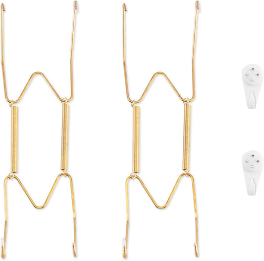 2 Pack Plate Hangers for The Wall, Suitable for 8-10 inch Art Plate, Stainless Steel Invisible Heavy Duty Wire Plate Holder with Wall Hooks, Plate Hangers for Displaying Plates, Platter, Dish, Gold