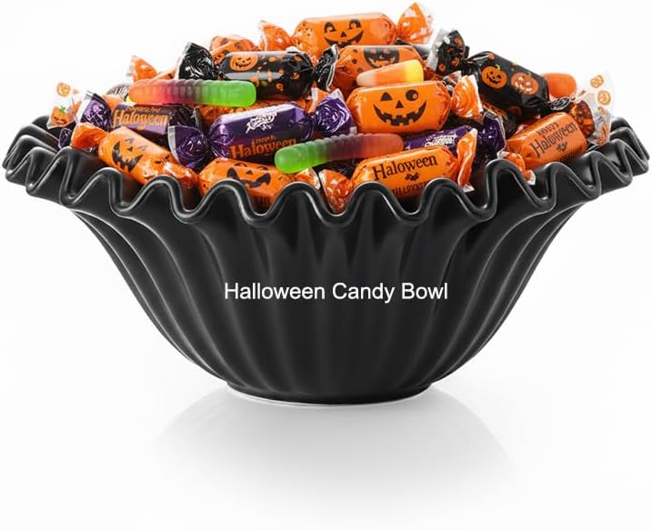 Large Decorative Bowl, Porcelain Fruit Bowl for Kitchen Counter HandCrafted Ruffle Flower Bowl for Home Decor Stylish Fluted Dish for Party, Black (10 inch) Halloween