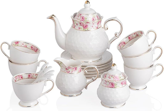 Sweejar 21 Pieces Porcelain Tea Set, Vintage Floral Gold Trimmed Teapot Cup and Saucer Set, Tea Cup for Loose Tea, Sugar Bowl and Creamer Pitcher with Spoons, Service for 6(Retro Flower)