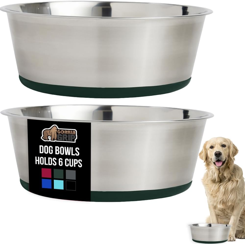 GORILLA GRIP Set of 2 Dog Bowls, Holds 6 Cups (48 fl oz), Heavy Duty Metal Food and Water Bowl for Feeding Dogs and Cats, Dishwasher Safe, Rust Resistant Stainless Steel, BPA Free Rubber Base, Green