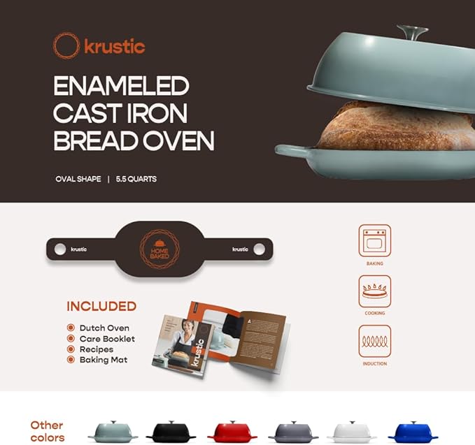 Enameled Cast Iron Dutch Oven for Professional Sourdough Bread Baking | 5.5 Quart Loaf Size Oval Cookware Pot with Lid | Triple-Layer Enamel Coating Pan with Non Stick Silicone Mat | Sea Salt