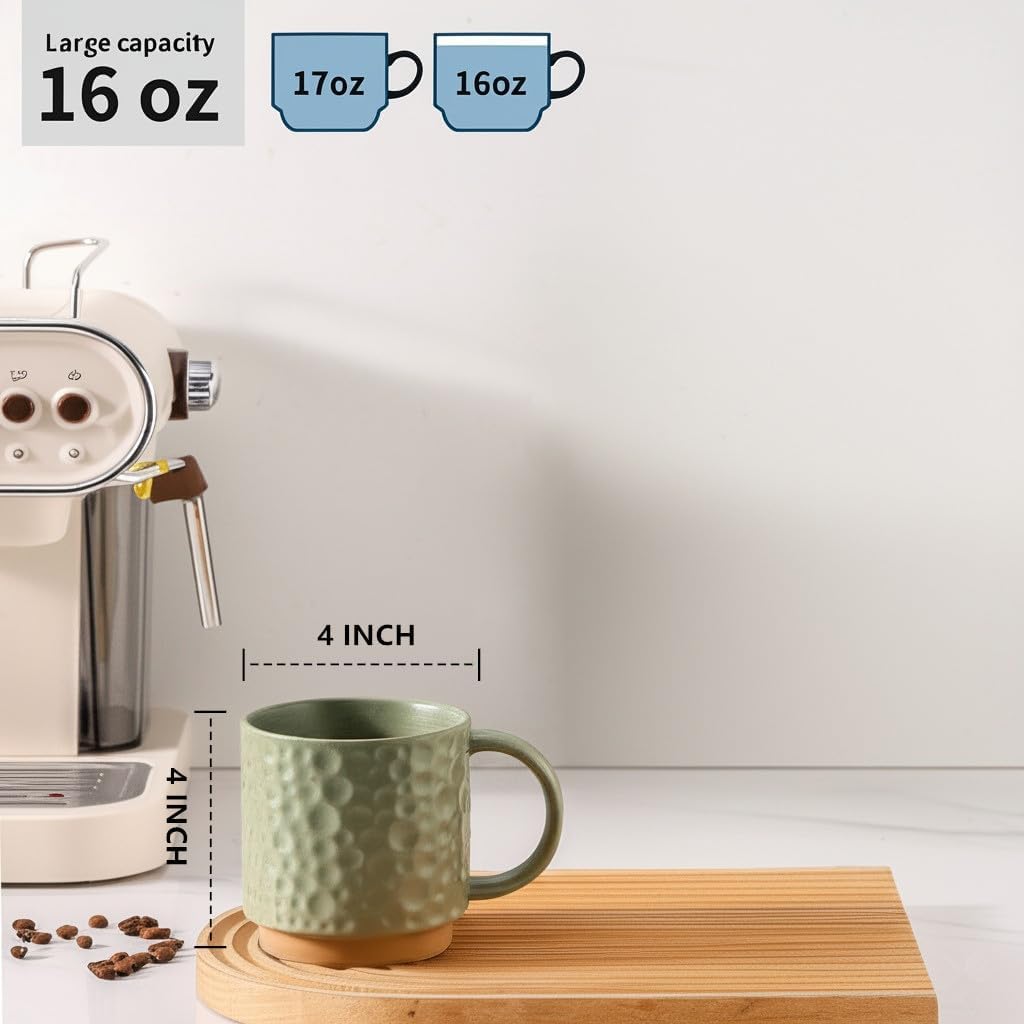 Nihow 16OZ Stackable Coffee Mug Set, Large Ceramic Coffee Mug Set of 4,Coffee Cup Set for Cappuccino/Latte/Cocoa,Dishwasher & Microwave Safe, Matte Green