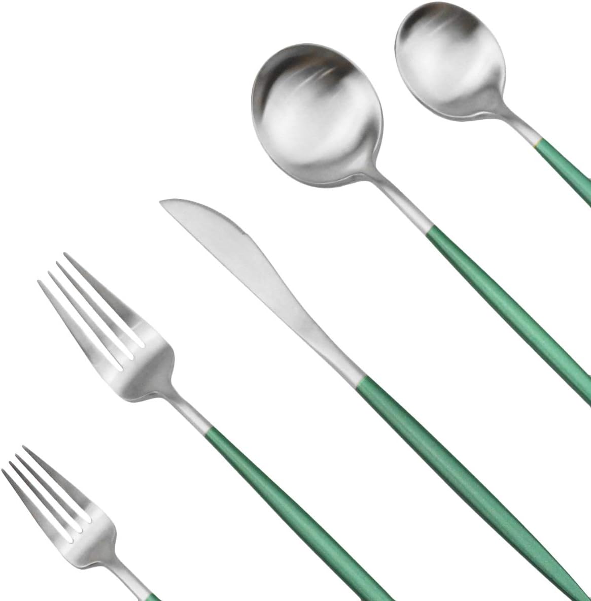 JASHII Silverware Sets, 20-Piece Flatware 18/10 Stainless Steel Heavy Weight Forged Cutlery Eating Utensils Forks Spoons Knives Set Tableware Service for 4 Matte Finished (Green & Silver)