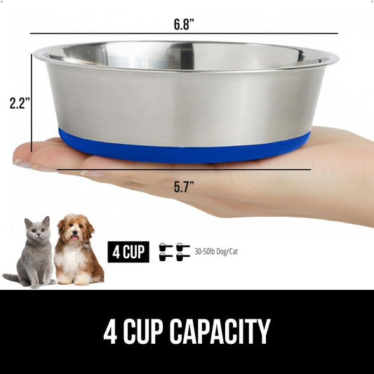 GORILLA GRIP Set of 2 Dog Bowls, Holds 4 Cups (32 fl oz), Heavy Duty Metal Food and Water Bowl for Feeding Dogs and Cats, Dishwasher Safe, Rust Resistant Stainless Steel, BPA Free Rubber Base, Blue