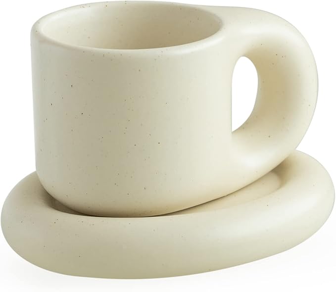 WENSHUO Chubby Funny Coffee Mug, Novelty Cute Cup and Saucer, Matte Crème, 9 oz (Matte Crème)