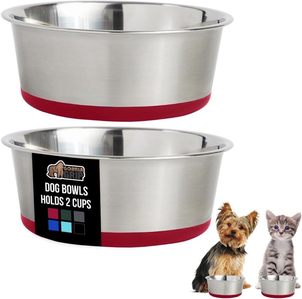 GORILLA GRIP Set of 2 Dog Bowls, Heavy Duty Metal Food and Water Bowl for Feeding Dogs and Cats, Dishwasher Safe, Rust Resistant Stainless Steel, BPA Free Rubber Base, Holds 2 Cups (16 fl oz), Red