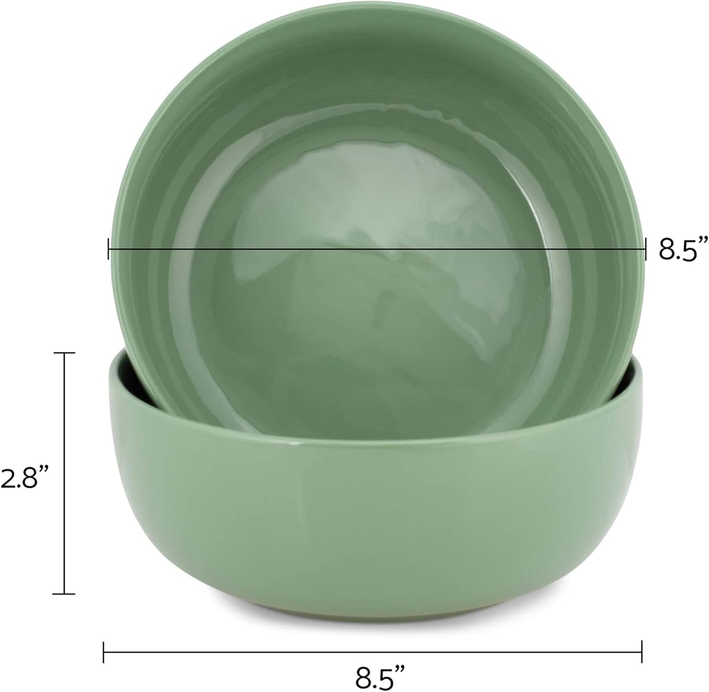 Elanze Designs Bistro Glossy Ceramic 8.5 inch Large Serving Bowls Set of 2 - Perfect for Multiple Everyday Uses: Pasta, Salad, Ramen, Soup, Popcorn, Noodles, Cereal and Mixing Bowls, Sage Green