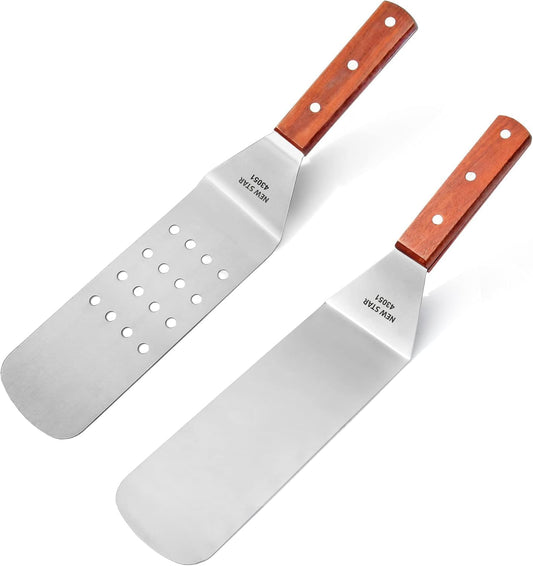 New Star Foodservice 43051 Wood Handle Flexible Grill Spatula Set, 14.5", Set of 2, Silver