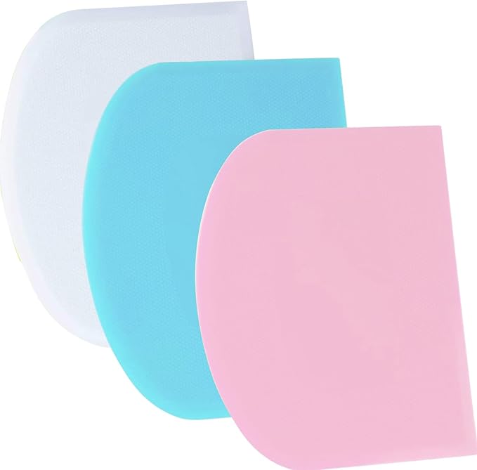 SURDOCA Dough Scraper Bench Scraper - 3P 8.3x5.5" Plastic Flexible Bowl Scraper, Sharp Edge & Angles Cake Scraper. Non-Slip Bakeware Decorating Tools Sculpting & Modeling Tools - Blue+White+Pink