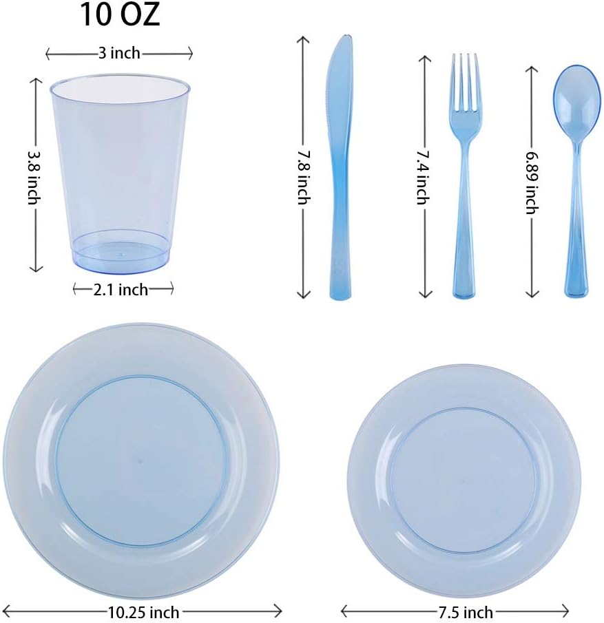 Blue Plastic Party Supplies - 150 PCS Reusable Disposable Neon Set: 25 Dinner Plates, 25 Salad/Dessert Plates, 25 Forks, 25 Spoons, 25 Knives, 25 Cups