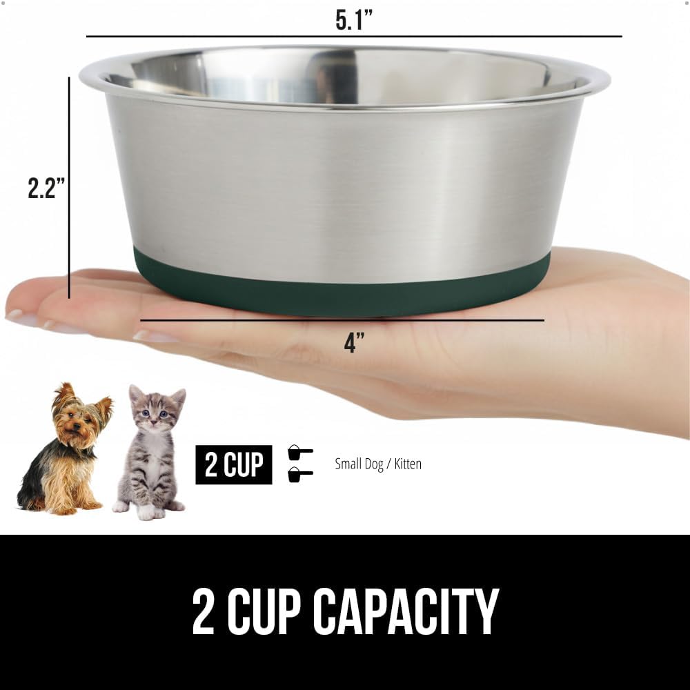 GORILLA GRIP Set of 2 Dog Bowls, Heavy Duty Metal Food and Water Bowl for Feeding Dogs and Cats, Dishwasher Safe, Rust Resistant Stainless Steel, BPA Free Rubber Base, Holds 2 Cups (16 fl oz), Green