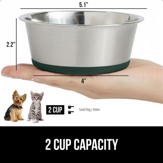 GORILLA GRIP Set of 2 Dog Bowls, Heavy Duty Metal Food and Water Bowl for Feeding Dogs and Cats, Dishwasher Safe, Rust Resistant Stainless Steel, BPA Free Rubber Base, Holds 2 Cups (16 fl oz), Green