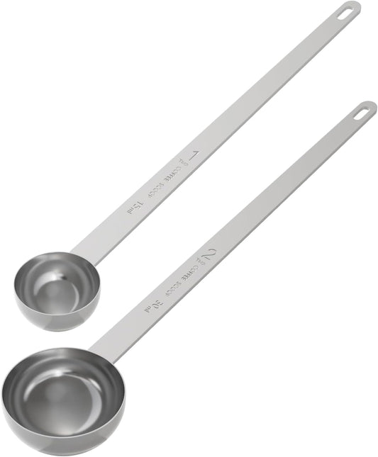 2PCS Coffee Scoop Set (1tbsp, 2tbsp), Extra Long Handle Measuring Spoon, 15 ml and 30 ml Stainless Steel Coffee Scooper