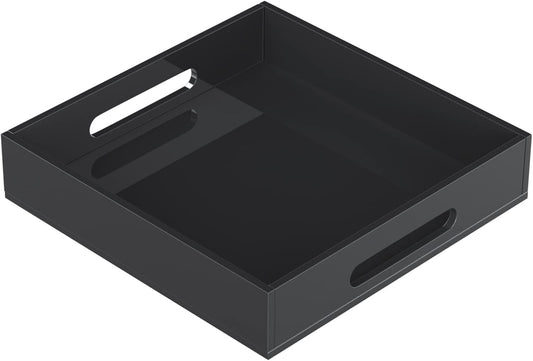 Acrylic Serving Tray with Handles-12x12x2.36Inch-Decorative Tray Letter Tray Organizer for Ottoman Coffee Table Countertop, Black