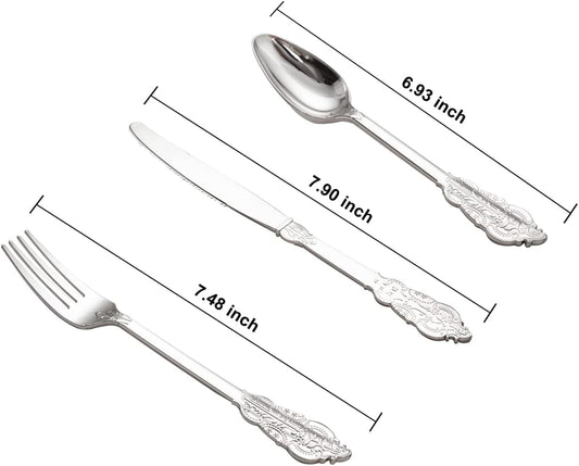 WDF 200 Pieces Silver Plastic Silverware Disposable - 50Guests Silverware Plastic Cutlery - Disposable Utensils Includes 100 Forks, 50 Spoons, 50 Knives Perfect for Christmas Wedding or Party