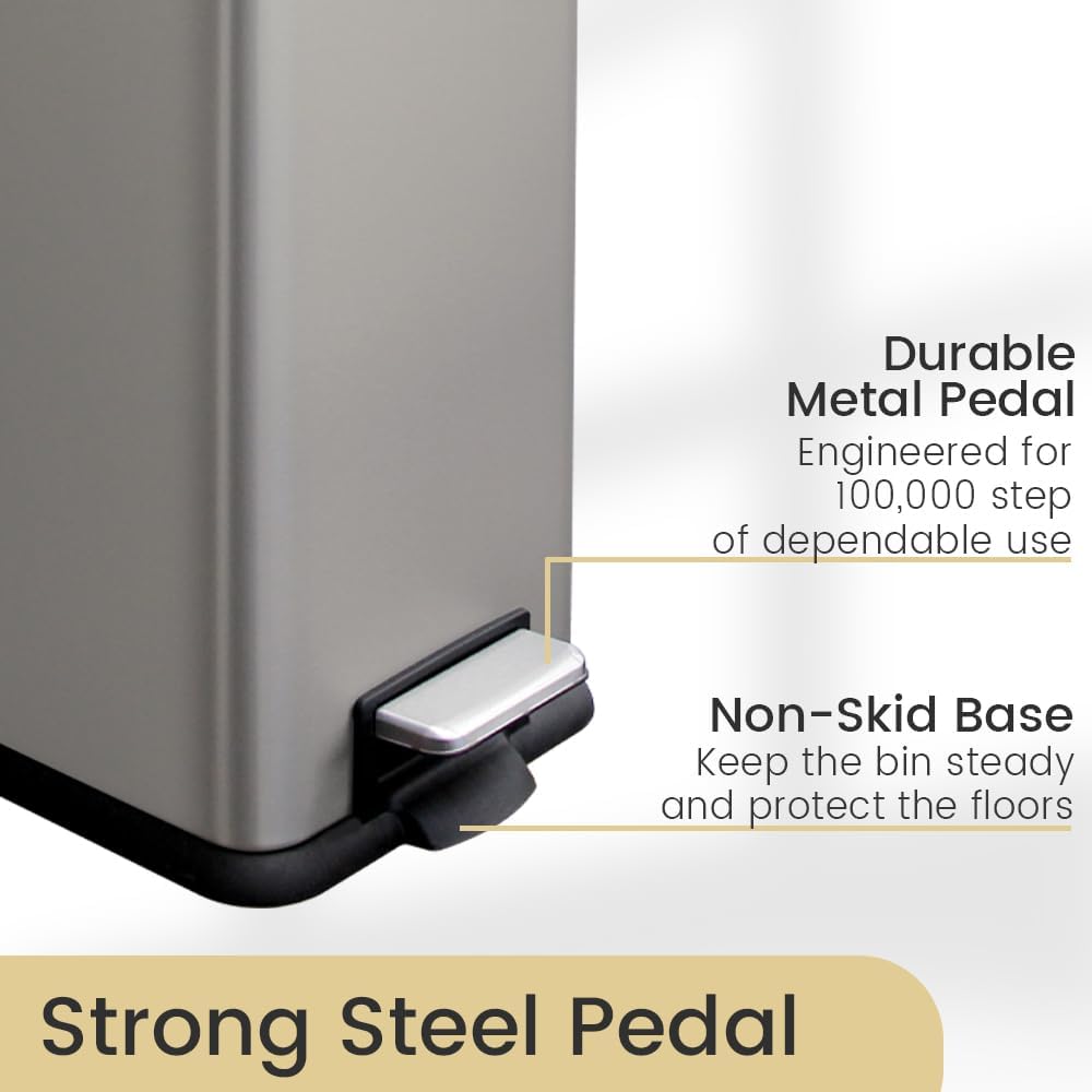 12 Gallon Trash Can with Lid，45L Kitchen Garbage Can,Stainless Steel Trash Can for Narrow Spaces with Soft-Close Lid, Inner Bucket, and Step-on Pedal