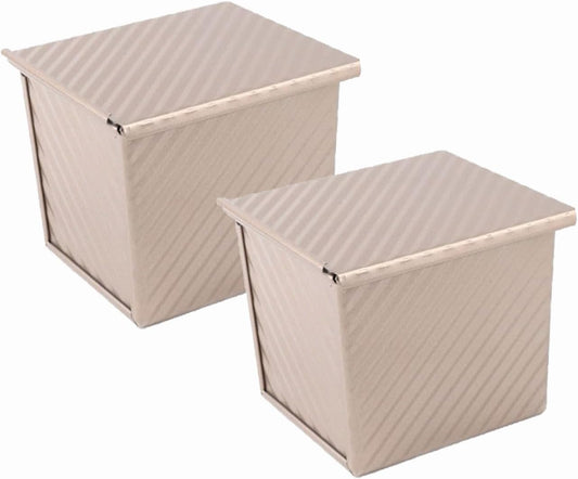 2 mini Pullman bread pans with lids, 0.55Lb non stick rectangular flat toaster box, 3.9x4.7x4.3 inches for oven baking (champagne gold)