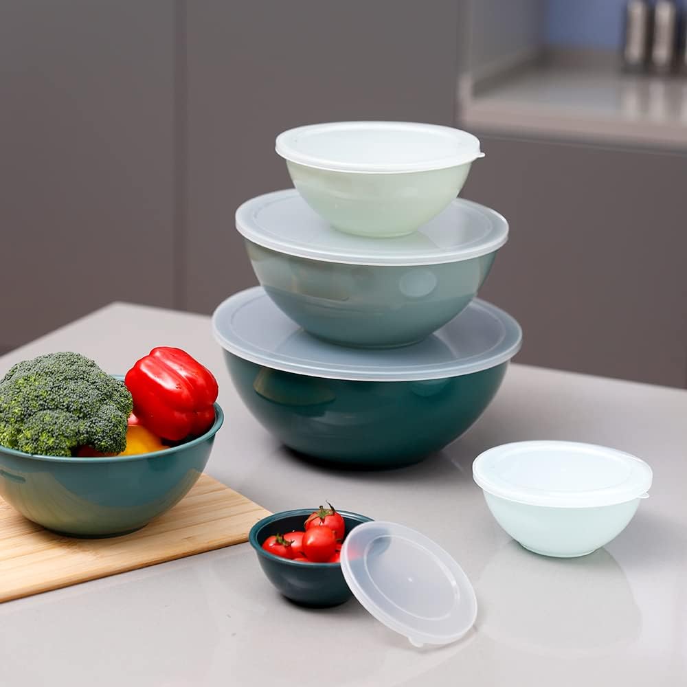 BoxedHome BPA Free Plastic Round Mixing Bowl with Lids, 12 Pack Nesting Bowls with Lids Set, Microwave and Dishwasher Safe Prep & Serving Bowls Great for Mixing, Baking, Serving (Green, 12pcs)