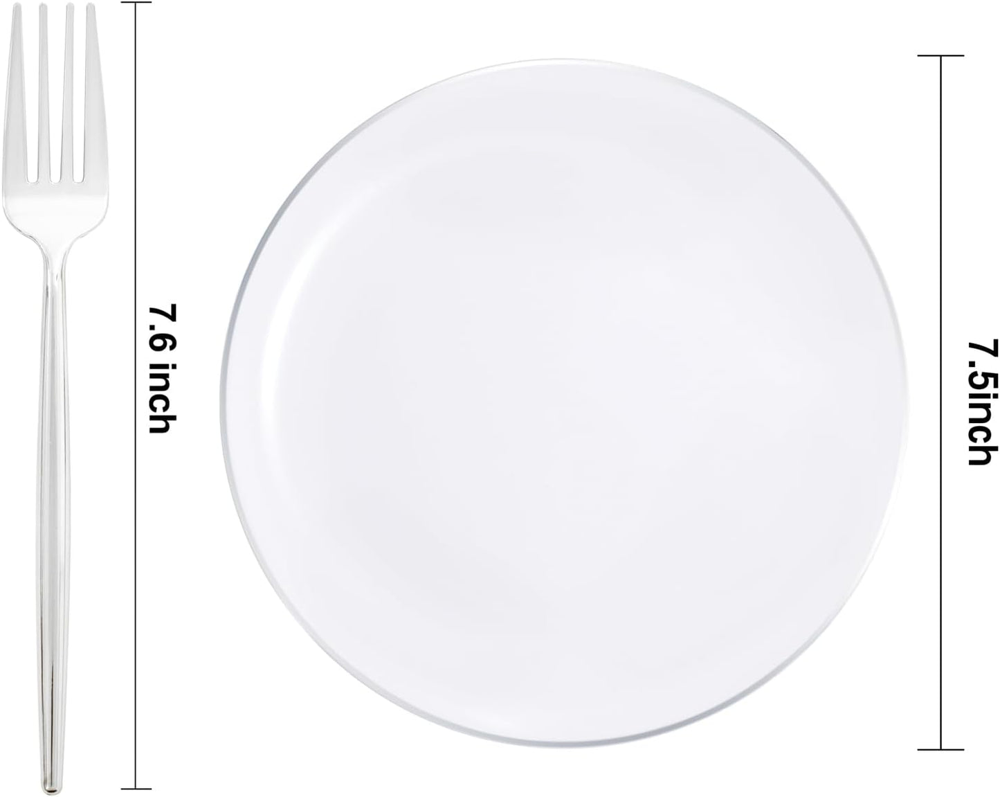 Rubtlamp 100Pcs Silver Plastic Dessert Plates 7.5inch,100Pcs Disposable Silver Forks,White Plastic Plates With Silver Rim, Small Plastic Plates,Dessert Plates With Forks for Appetizer Cake