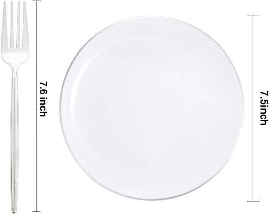 Rubtlamp 100Pcs Silver Plastic Dessert Plates 7.5inch,100Pcs Disposable Silver Forks,White Plastic Plates With Silver Rim, Small Plastic Plates,Dessert Plates With Forks for Appetizer Cake