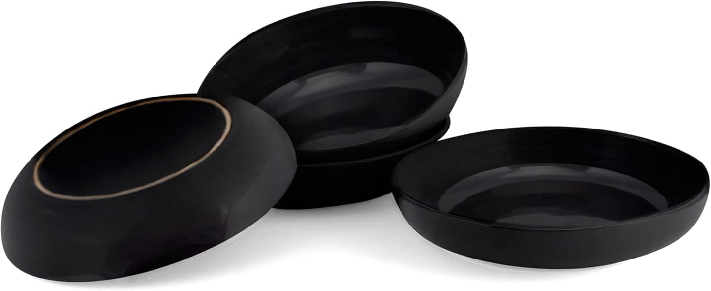 Elanze Designs Bistro Glossy Ceramic 8.5 inch Shallow Pasta Dinner Bowls Set of 4 - Perfect for Everyday uses from Italian Style Pasta to Caesar Salad, and Ramen to Pho, Black