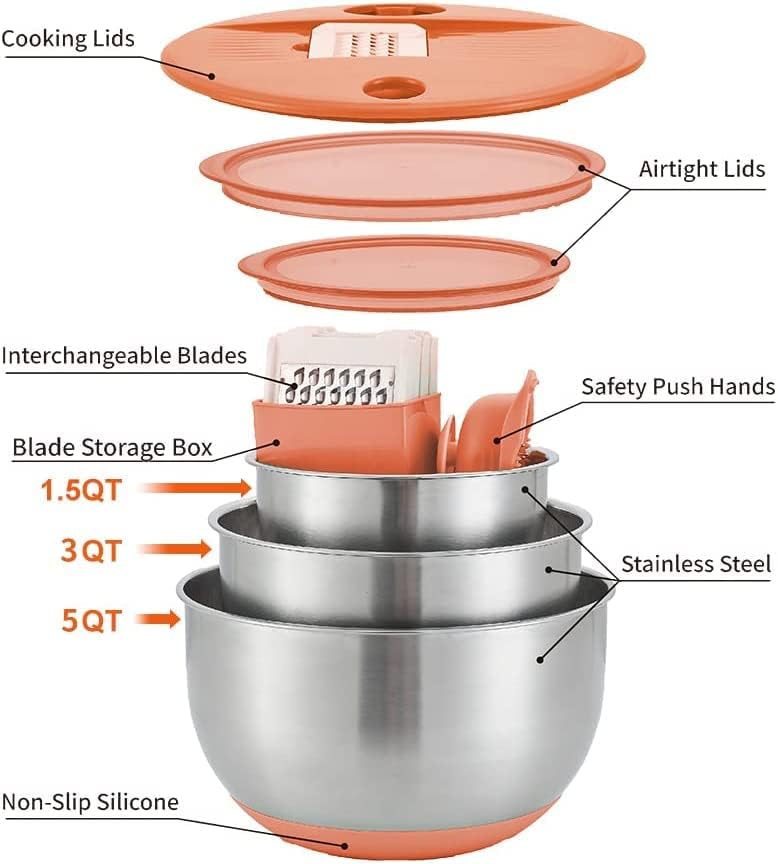 Mixing Bowls with Lids Set,3 Pieces Stainless Steel Nesting Bowls Vegetables Slicer Non-Slip Mixing Bowl for Baking Prepping Cooking(Orange)