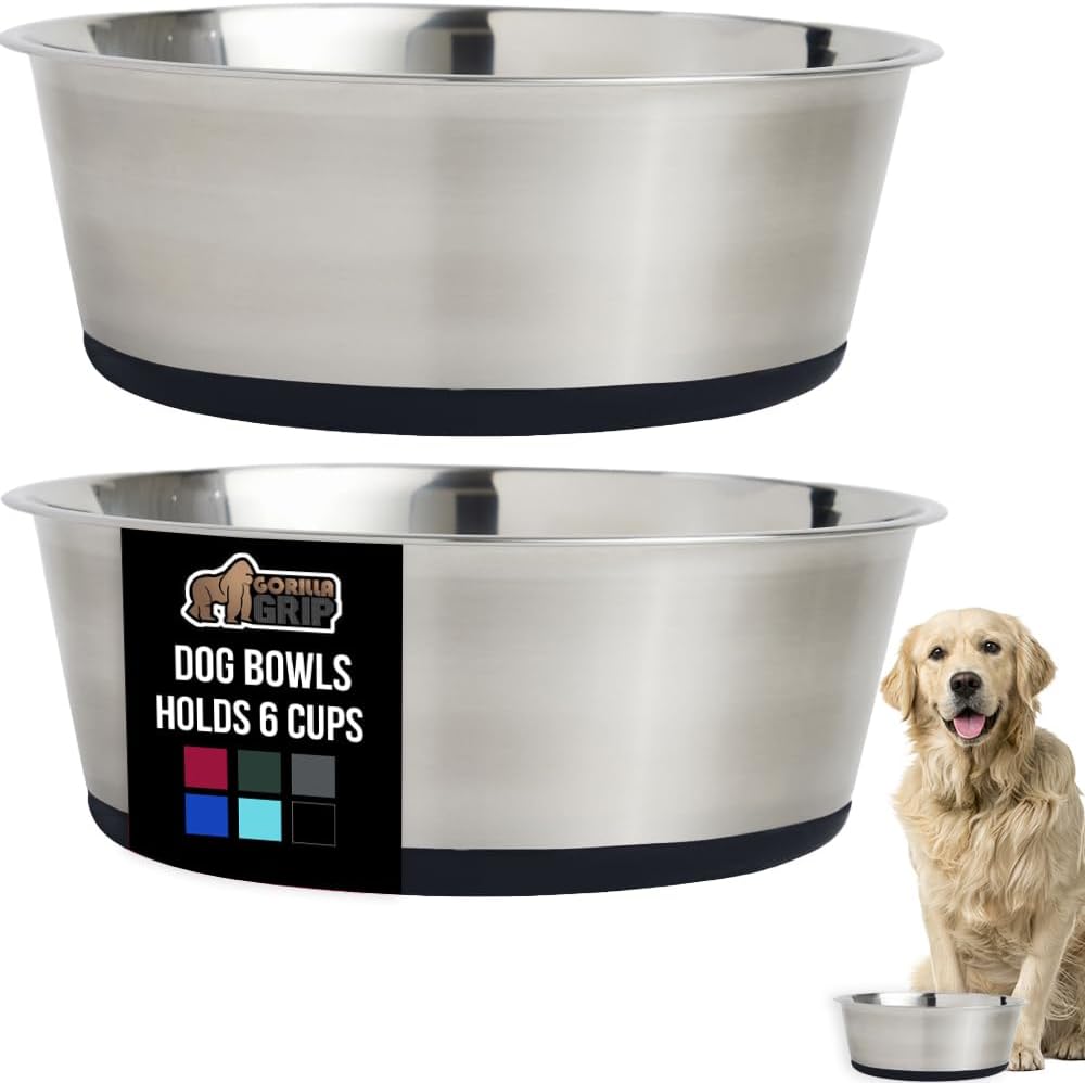 GORILLA GRIP Set of 2 Dog Bowls, Holds 6 Cups (48 fl oz), Heavy Duty Metal Food and Water Bowl for Feeding Dogs and Cats, Dishwasher Safe, Rust Resistant Stainless Steel, BPA Free Rubber Base, Black