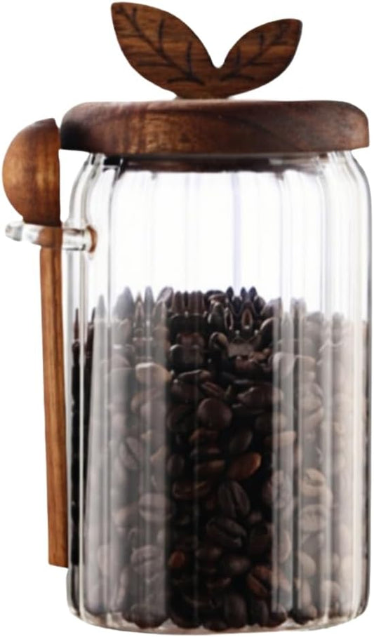 ANSQU 27oz Glass Jar with Wooden Lid and Spoon, Food Storage Containers Coffee Jar Coffee Grounds Container, Glass Food Storage Canister
