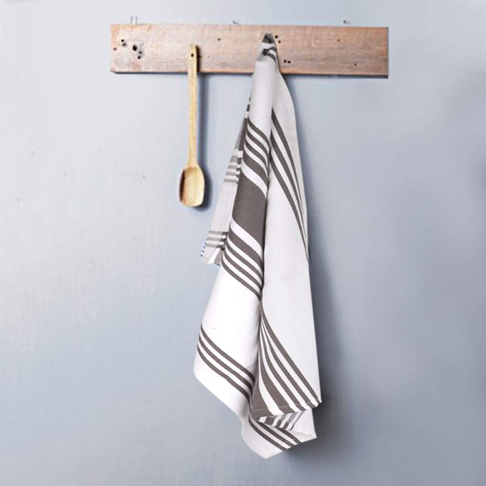 Urban Villa Kitchen Towels 100% Cotton Pack of 3, Highly Absorbent Quick Drying Super Soft Premium Dish Towel for kitchen with Hanging Loop Hand & Tea Towels - 20x30 Inch, (Dove Grey & White, Striped)
