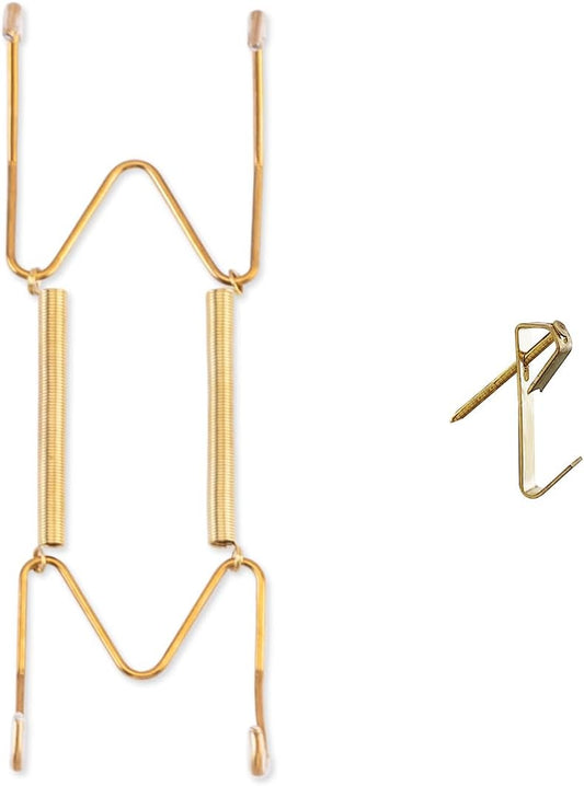 Bilillo 1 Pack Plate Hanger for Wall Display, Fits 6''-8'' Decorative Plates & Platters, Spring Stainless Steel Invisible Wire Holder with Hook, Heavy Duty Secure Grip（Gold）