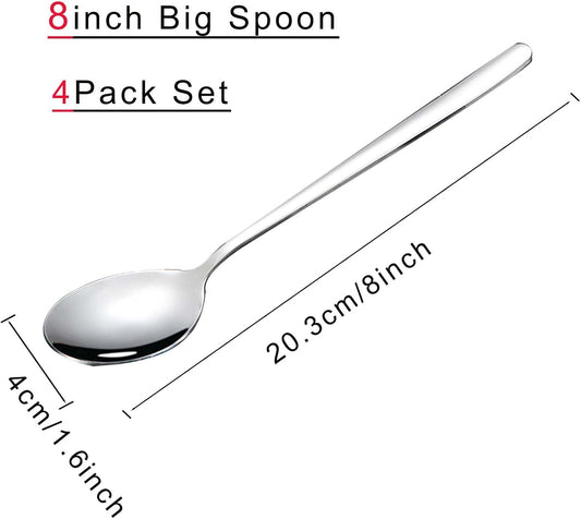 Large Soup Spoon Stainless Steel Dishwasher Safe Dinner Big Teaspoons with Round Edge 8 inches Tablespoons (4)