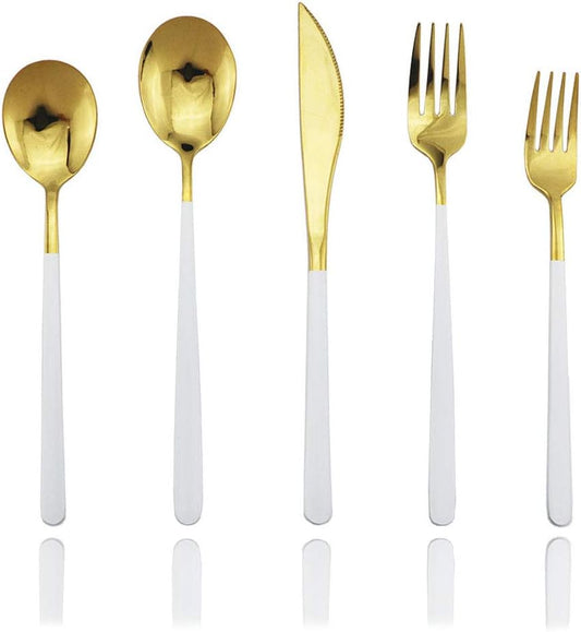 JASHII 20-Piece 304 Stainless Steel Silverware Set Luxury Flatware Cutlery Set Mirror Polished Service for 4 Include Knife Fork Spoon Dishwasher Safe (White gold)