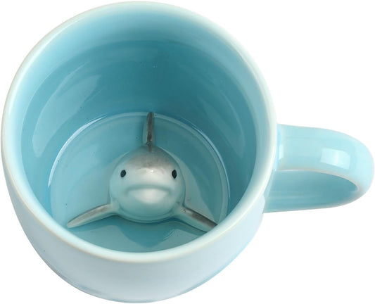 Shark Ceramic Cup Hidden 3D Animal Inside Mug,Cute Cartoon Handmade Figurine Mug,Christmas Birthday Surprise for Friends Family or Kids (Blue Shark)