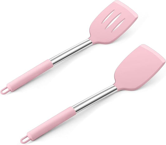 E-far Silicone Spatula Set of 2, Solid & Slotted Turner for Nonstick Cookware, Heat Resistant Rubber Kitchen Cooking Utensils for Flipping Fish Pancake Egg - Pink