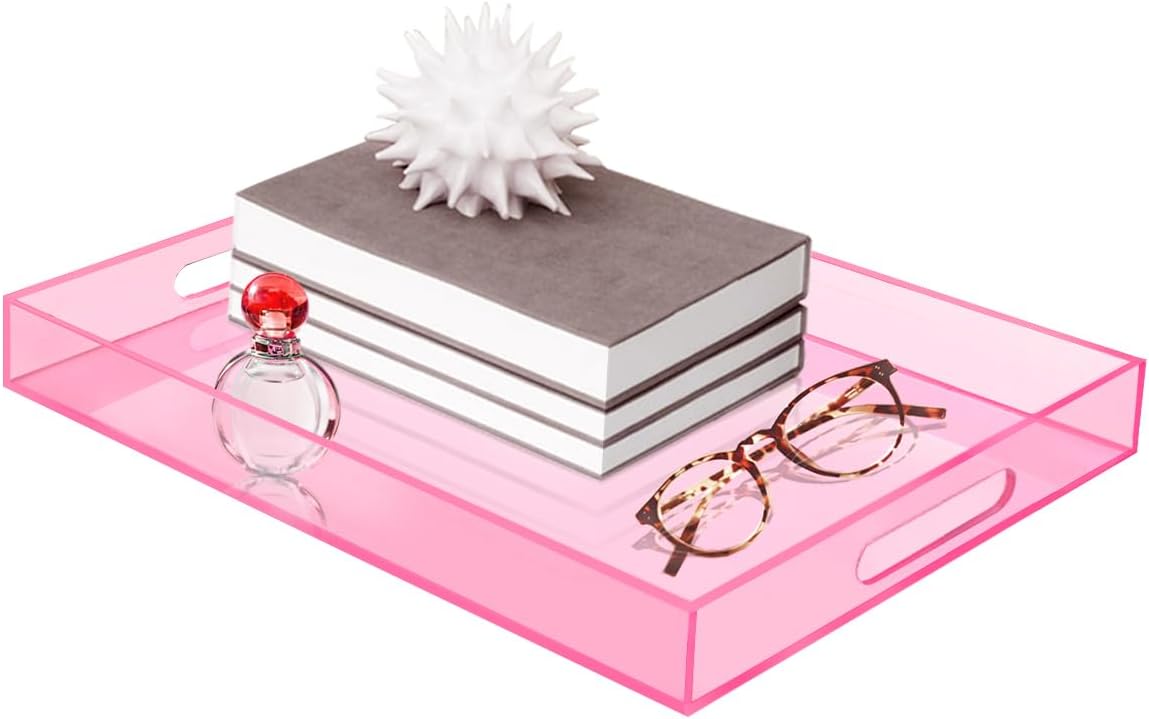 SetGame Acrylic Serving Tray with Handles, Bathroom Desktop Decorative Storage Arylic Trays, Simple Vanity Tray Food Tea Fruit Dinner Snack Tray for Bar Kitchen Party