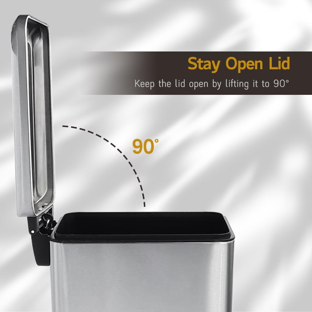 Silver 10L/2.6 Gallon Bathroom Trash Can with Lid,features a removable inner bucket, a soft - close lid and a stainless - steel step pedal,ideal for use in the bathroom, kitchen, and home office.